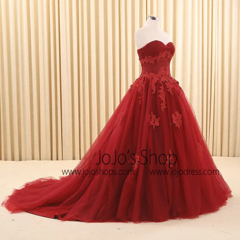 Dark Red Ball Gown Lace Wedding Dress | RS6805 Red